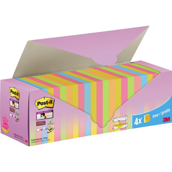 Post-it Haftnotiz R330 SSCOL VP24 76x76mm 90Bl. farbig 20+4St