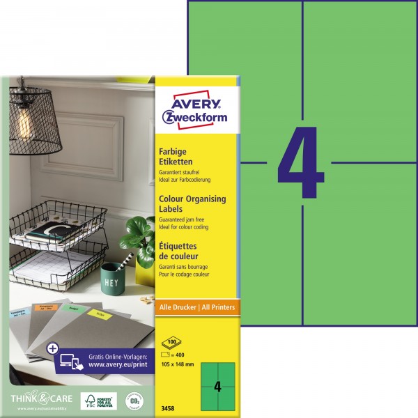 Avery Zweckform Universaletikett 3458 105x148mm grün 400 St./Pack.