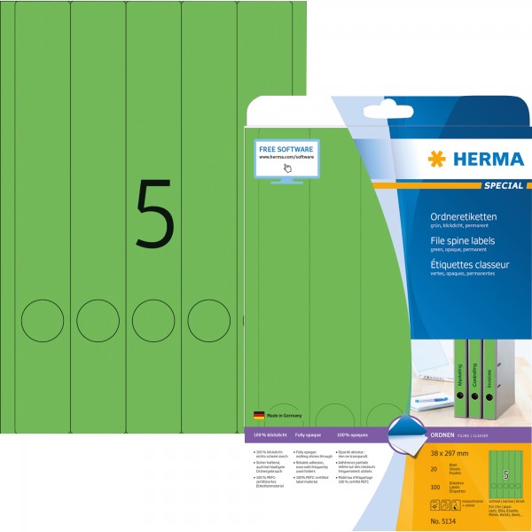 HERMA Ordneretiketten 5134 DIN A4 38x297mm grün 100 St./Pack