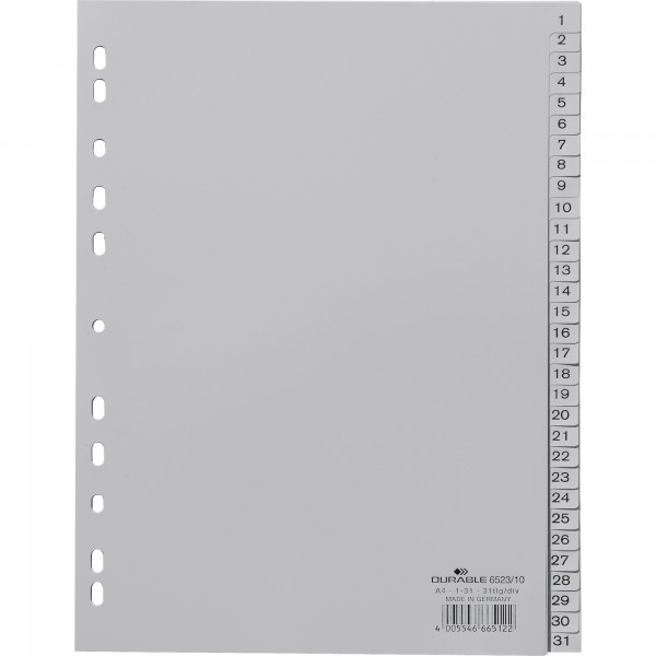 DURABLE Register 652310 DIN A4 volldeckend 1-31 31tlg. PP grau
