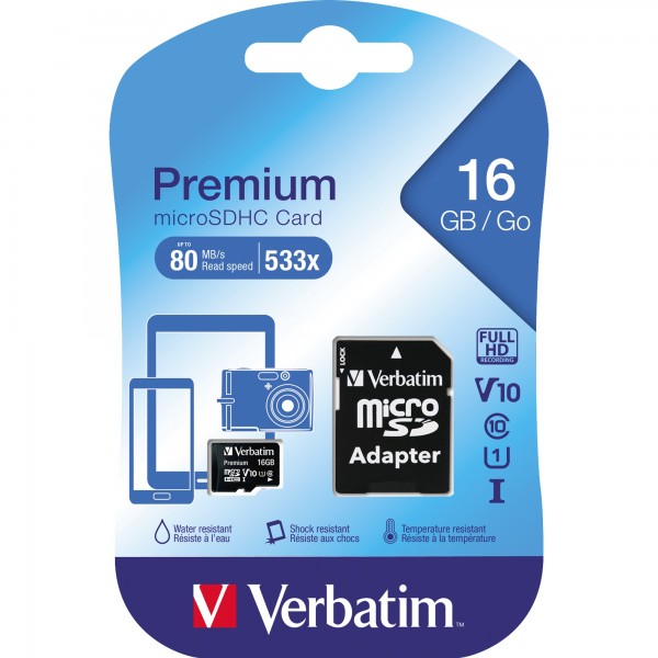 Verbatim Speicherkarte microSDHC 16GB + Adapter