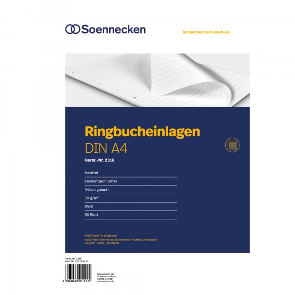 Soennecken Ringbucheinlage 2316 DIN A4 70g liniert 50 Bl./Pack.