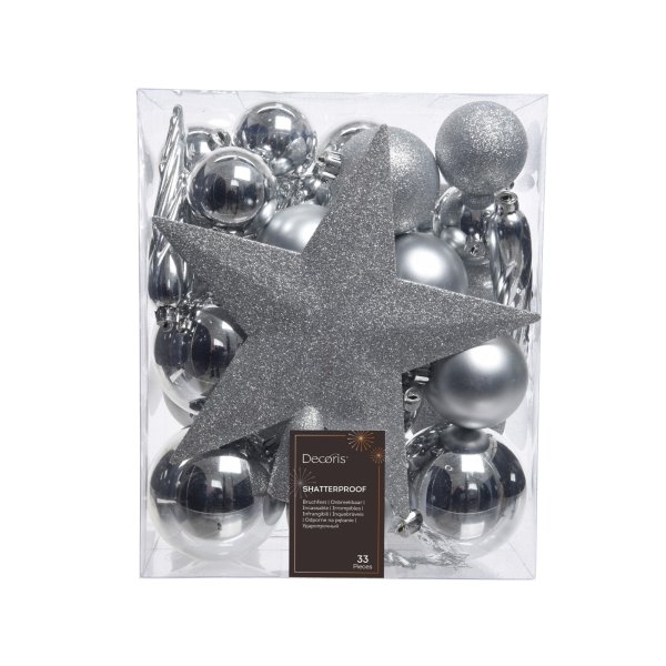 DECORIS Weihnachtskugeln Mix 023371 bruchfest silber 33St