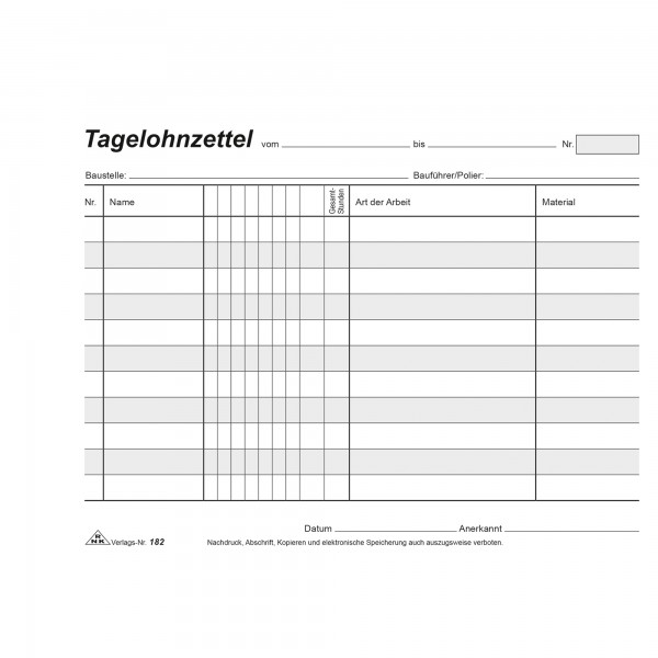 RNK Tagelohnblock 182 DIN A5 quer SD 3x40Bl.