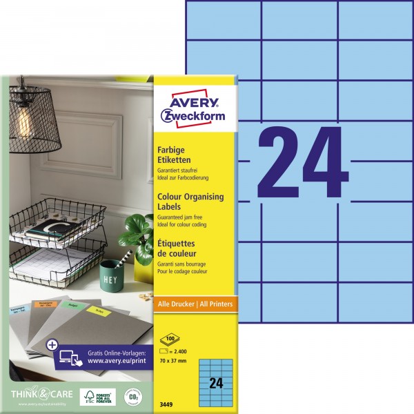 Avery Zweckform Universaletikett 3449 70x37mm blau 2.400 St./Pack.