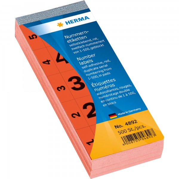 HERMA Nummernblock 4892 1-500 sk 28x56mm rot 500 St./Pack.