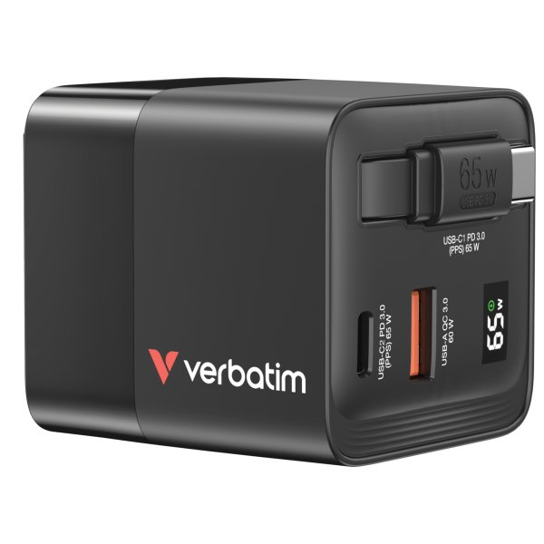 Verbatim Ladeadapter GaN 65W Retractable sw