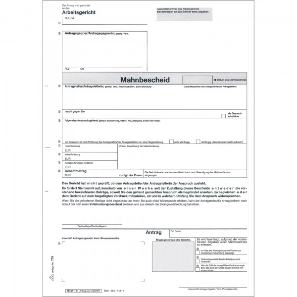RNK Mahnbescheid Arbeitsgericht 703 DIN A4 selbstdurchschreibend