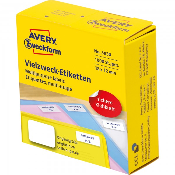 Avery Zweckform Etikett 3830 38x12mm weiß 1.000 St./Pack.