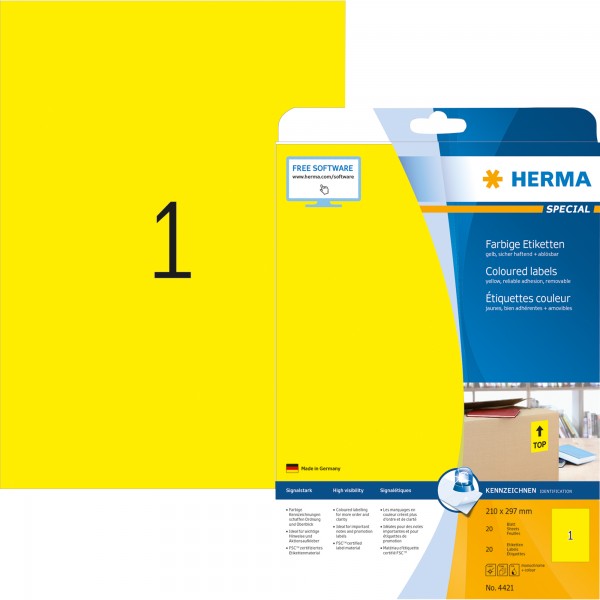 HERMA Etikett SPECIAL 4421 210x297mm gelb 20 St./Pack.