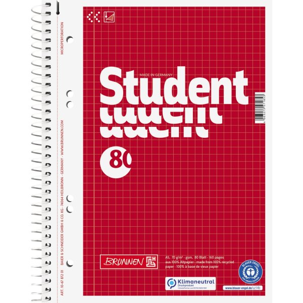 BRUNNEN Collegeblock 106787201 DIN A5 80Blatt kariert