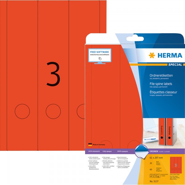 HERMA Ordneretikett 5137 61x297mm rot 60 St./Pack.