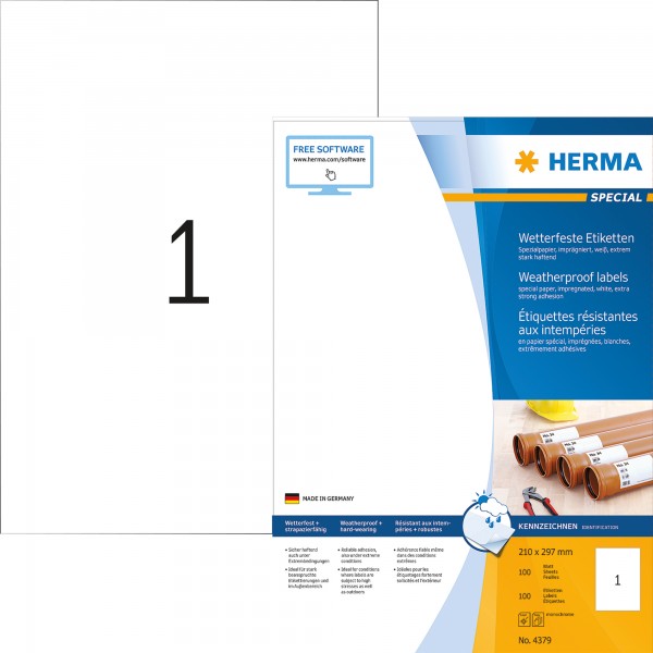 HERMA Etikett wetterfest 4379 210x297mm weiß 100 St./Pack.