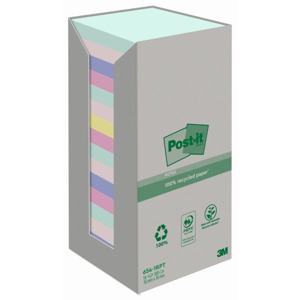 Post-it Haftnotiz Pastel Rainbow 654-1RPT 76x76mm sort. 16St