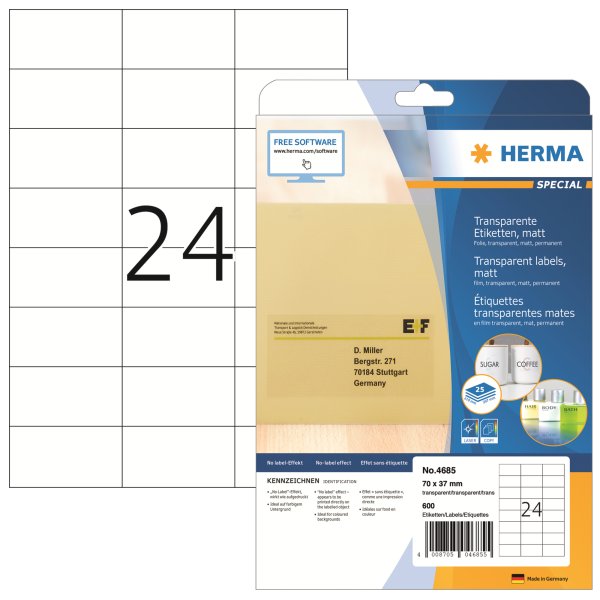 HERMA Etikett 4685 70x37mm Folie transparent 600 St./Pack.