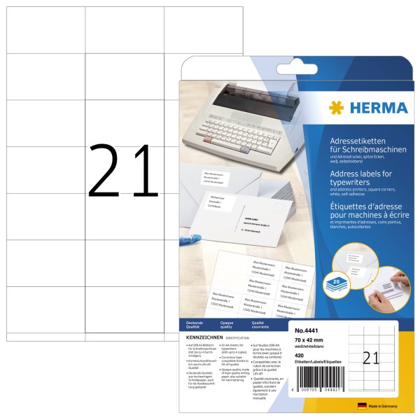 HERMA Etikett 4441 für Adressen 70x42mm weiß 420 St./Pack.