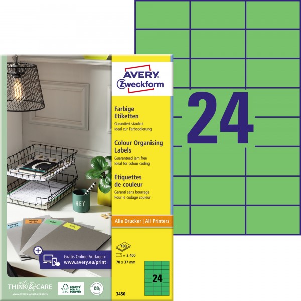 Avery Zweckform Universaletikett 3450 70x37mm grün 2.400 St./Pack.