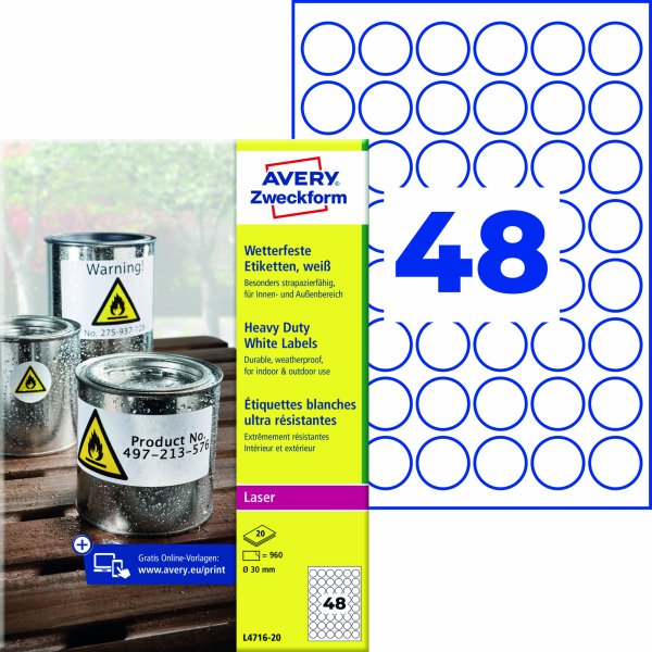 Avery Zweckform Folienetikett 30mm rund ws 960St