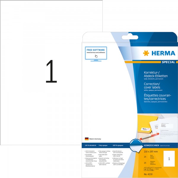 HERMA Etikett 4230 deckend 210x297mm weiß 25 St./Pack.